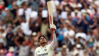 Shubman Gill raises his bat towards heavens after scoring 9th Test ton. AP