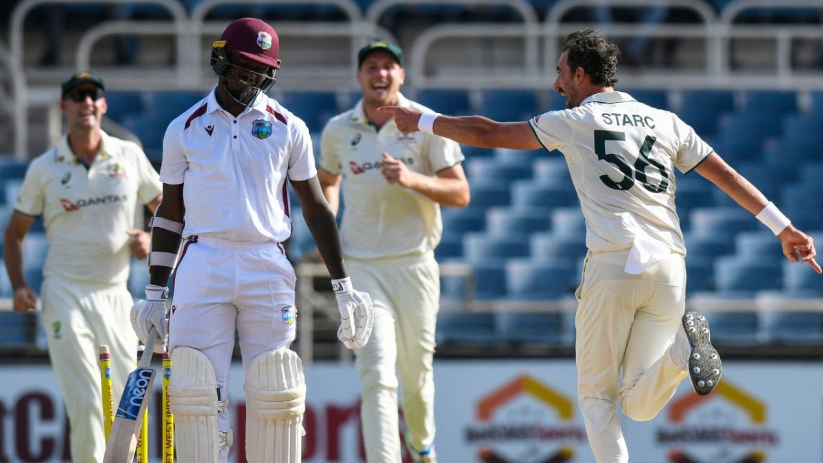 Jayden Seales (L) of West Indies reacts after being bowled by Mitchell Starc (R) of Australia during the third day of the third Test cricket match between West Indies and Australia at Sabina Park in Kingston, Jamaica. AFP Jayden Seales (L) of West Indies reacts after being bowled by Mitchell Starc (R) of Australia during the third day of the third Test cricket match between West Indies and Australia at Sabina Park in Kingston, Jamaica. AFP