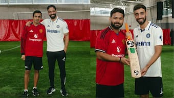 Gautam Gambhir alongside Ruben Amorim and Rishabh Pant, Bruno Fernandes in another frame. @BCCI