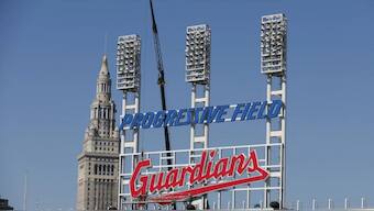  Cleveland Guardians sign above the scoreboard at Progressive Field. AP