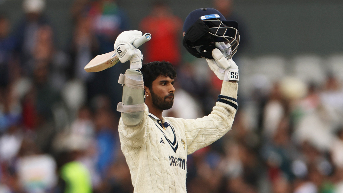 India all-rounder Washington Sundar celebrates after completing his century on Day 5 of the fourth Test against England in Manchester. Reuters India all-rounder Washington Sundar celebrates after completing his century on Day 5 of the fourth Test against England in Manchester. Reuters