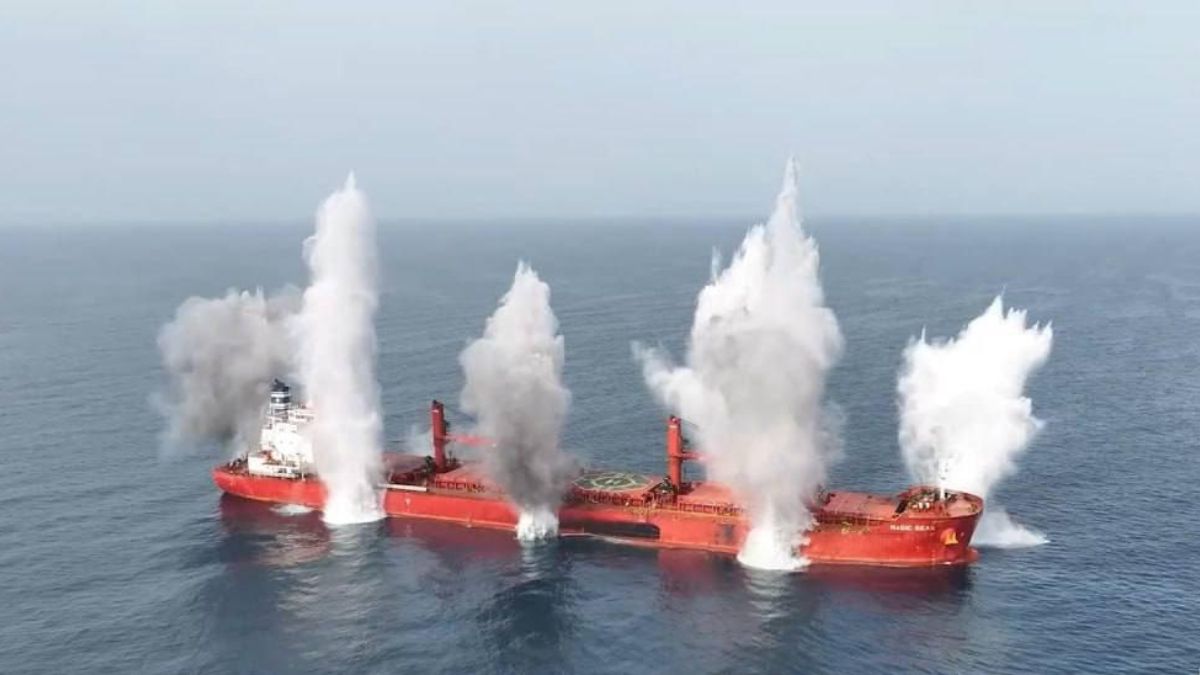 Yemen's Houthis released videos of their attacks on two Liberian-flagged vessels. Image courtesy: X.com Yemen's Houthis released videos of their attacks on two Liberian-flagged vessels. Image courtesy: X.com