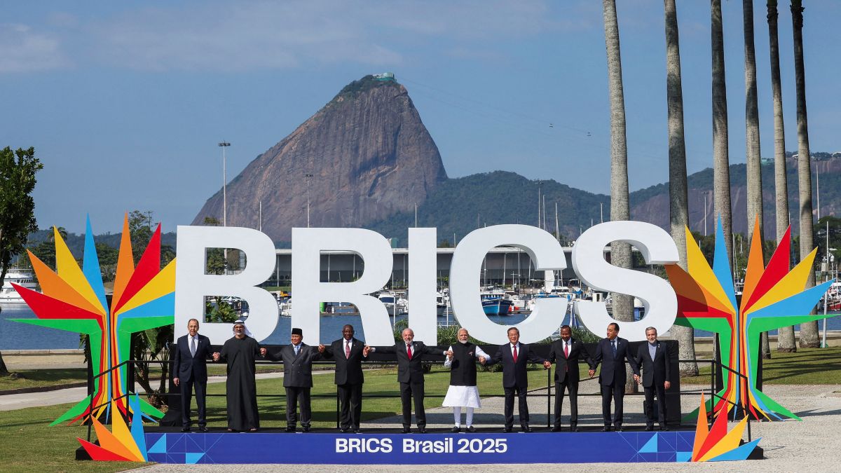 Leaders from Brazil, China, Russia, India, Indonesia, South Africa, Egypt, Ethiopia, the UAE, and Iran pose for a family photo during the BRICS Summit in Rio de Janeiro on July 6. (Reuters) Leaders from Brazil, China, Russia, India, Indonesia, South Africa, Egypt, Ethiopia, the UAE, and Iran pose for a family photo during the BRICS Summit in Rio de Janeiro on July 6. (Reuters)