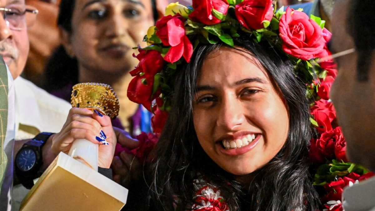 Divya Deshmukh received a grand welcome in Nagpur after her World Cup win. PTI Divya Deshmukh received a grand welcome in Nagpur after her World Cup win. PTI