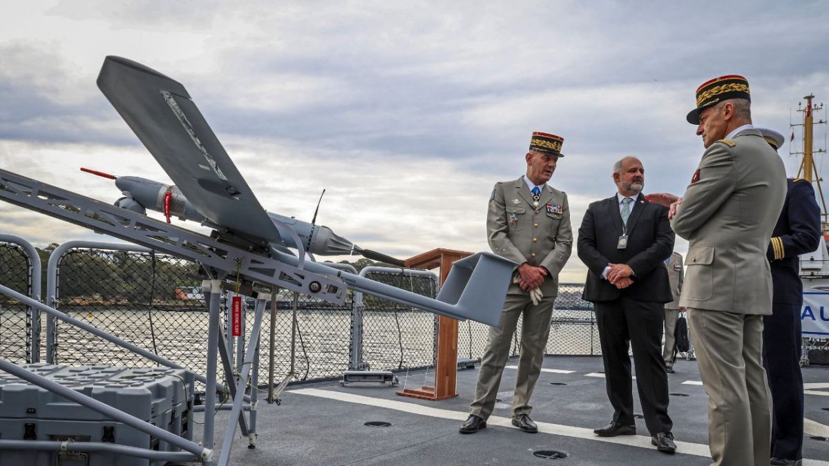 French Army Brigadier General General Eric Ozanne (L) stands with Commander of French Forces New Caledonia Major General Yann Latil (R) and French Ambassador to Australia Pierre-André Imbert (C) next to a drone aboard the French patrol vessel Auguste Benebig, which will participate in the annual Talisman Sabre exercise, in Sydney on July 13, 2025. Source: AFP French Army Brigadier General General Eric Ozanne (L) stands with Commander of French Forces New Caledonia Major General Yann Latil (R) and French Ambassador to Australia Pierre-André Imbert (C) next to a drone aboard the French patrol vessel Auguste Benebig, which will participate in the annual Talisman Sabre exercise, in Sydney on July 13, 2025. Source: AFP