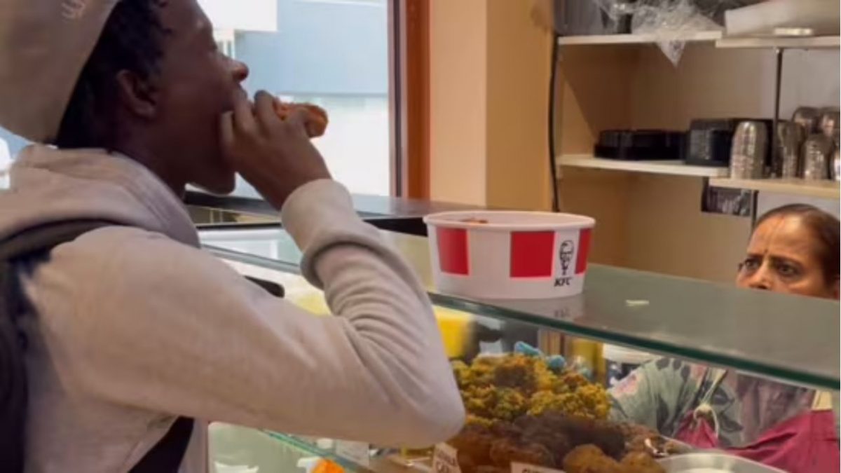 Watch: Man consumes KFC chicken at London Iskcon restaurant, offers it to staff to mock them Watch: Man consumes KFC chicken at London Iskcon restaurant, offers it to staff to mock them