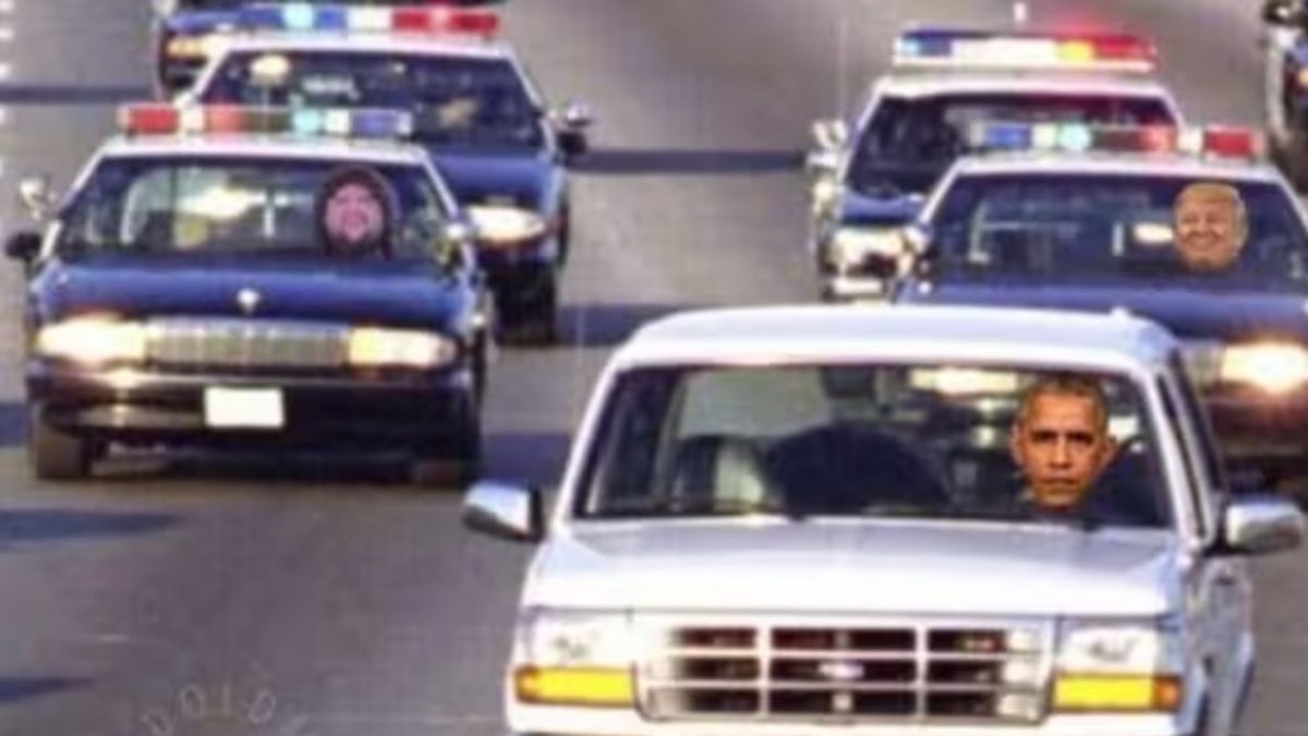 Trump drops meme bomb on Obama again, depicts him in OJ Simpson white Ford Bronco police chase Trump drops meme bomb on Obama again, depicts him in OJ Simpson white Ford Bronco police chase