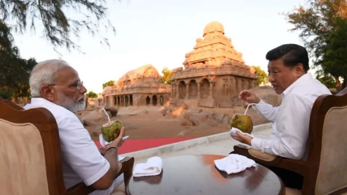 Indian Prime Minister Narendra Modi and Chinese President Xi Jinping meeting in informal setup in 2019 Indian Prime Minister Narendra Modi and Chinese President Xi Jinping meeting in informal setup in 2019