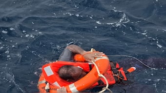A crew said to be from cargo ship Eternity C, which sank after being attacked, is seen at sea during a rescue operation, off Yemen, in this handout image released on Wednesday. Reuters 