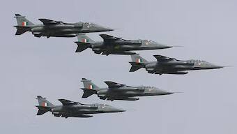 Five SEPECAT Jaguar aircraft of the Indian Air Force in an arrowhead formation fly over the Yehlanka Airforce Base. File image/AFP