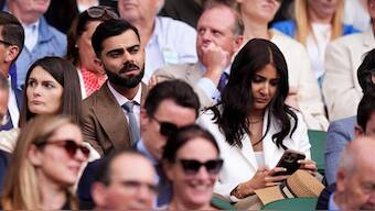 Virat Kohli and Anushka Sharma during Novak Djokovic's match at Wimbledon 2025. Image: AFP