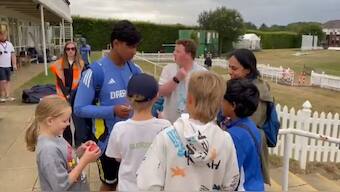 Vaibhav Suryavanshi signing autographs for fans in the UK. Image: PTI