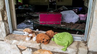 Stuffed animals sit in a windowsill at Camp Mystic after a deadly flooding in Kerr County, Texas, US. Reuters