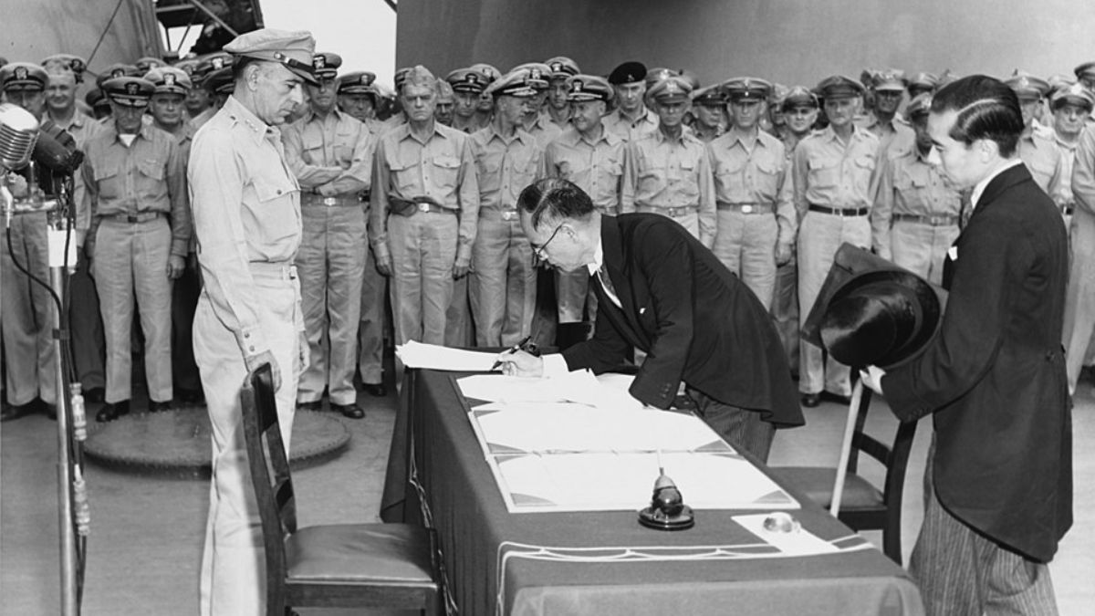 Japanese Foreign Minister Mamoru Shigemitsu signed on behalf of his government. Wikimedia Commons Japanese Foreign Minister Mamoru Shigemitsu signed on behalf of his government. Wikimedia Commons