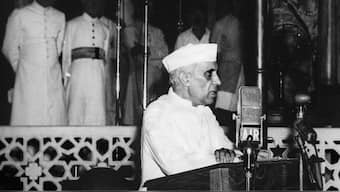 Jawaharlal Nehru, India's first prime minister, delivers his famous ‘Tryst with Destiny’ speech on August 15, 1947, at Parliament House in New Delhi. AFP/File Photo
