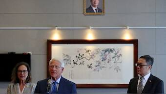 U.S. Senator Roger Wicker (R-MS), chairman of the Senate Armed Services Committee, speaks next to U.S. Senator Deb Fischer (R-NE) at the Songshan Airport in Taipei, Taiwan. Reuters