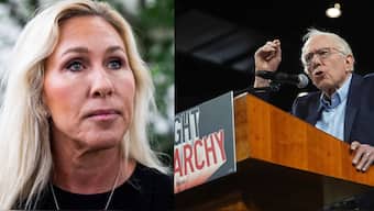 US far-right, Republican politician Marjorie Taylor Greene (L) and US Senator for Vermont Bernie Sanders