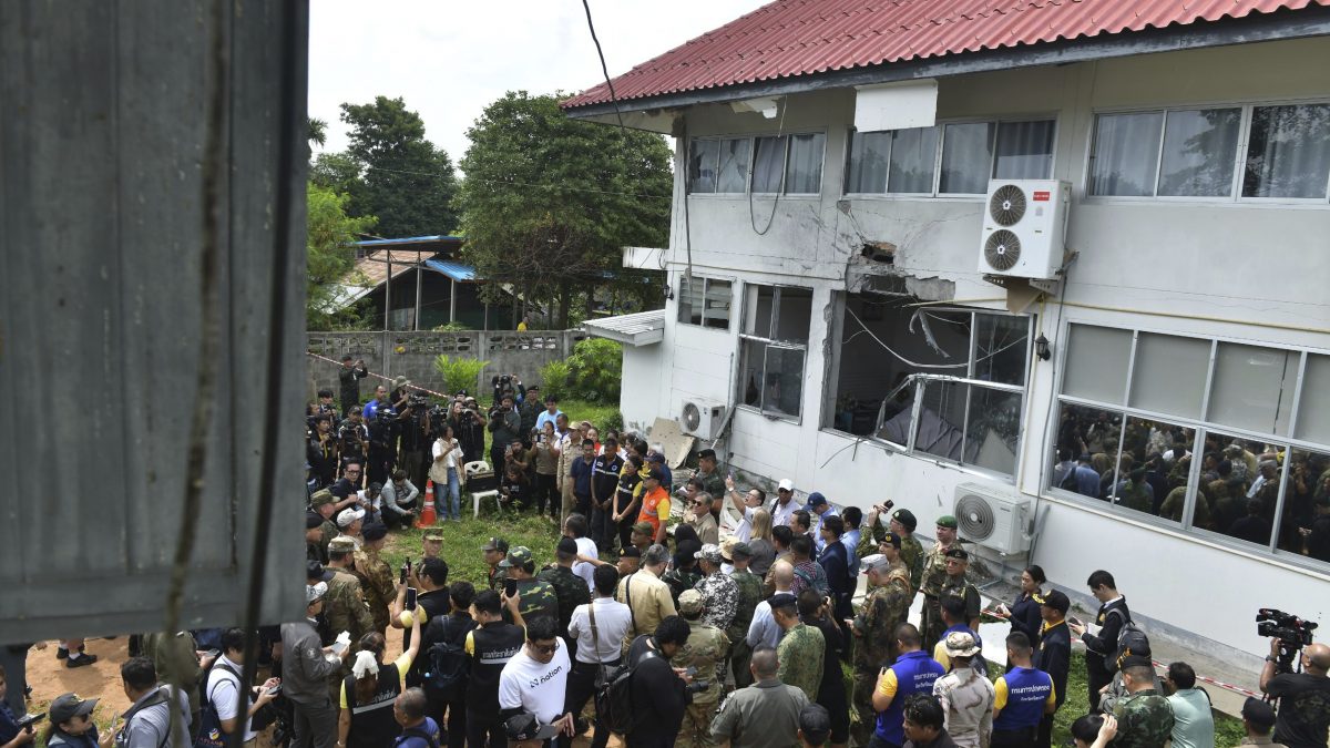 Military attaches from various countries visit a hospital that was damaged after Cambodia fired artillery shells in Sisaket province, Thailand. File image/ AP Military attaches from various countries visit a hospital that was damaged after Cambodia fired artillery shells in Sisaket province, Thailand. File image/ AP