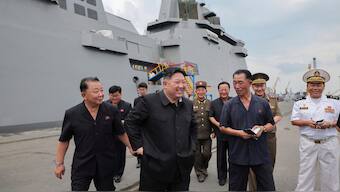 In this photo provided by the North Korean government, North Korean leader Kim Jong Un inspects the warship Choe Hyon in Nampo, North Korea. Independent journalists were not given access to cover the event depicted in this image distributed by the North Korean government. The content of this image is as provided and cannot be independently verified. Korean language watermark on image as provided by source reads: "KCNA" which is the abbreviation for Korean Central News Agency. (Korean Central News Agency/Korea News Service via AP)