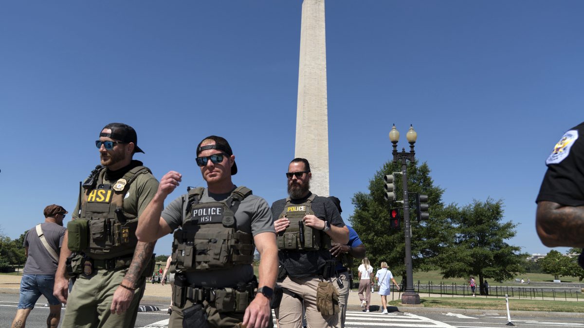 Homeland Security Investigations (HSI) agents patrol the National Mall, Saturday, Aug. 23, 2025, in Washington. AP Homeland Security Investigations (HSI) agents patrol the National Mall, Saturday, Aug. 23, 2025, in Washington. AP