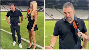 Shakhtar Donetsk coach Arda Turan did his best to keep his gaze away from interviewer Daria Bondar Savina during a post-match interview. Image credit: Screengrab of video posted by Shakhtar Donetsk on X