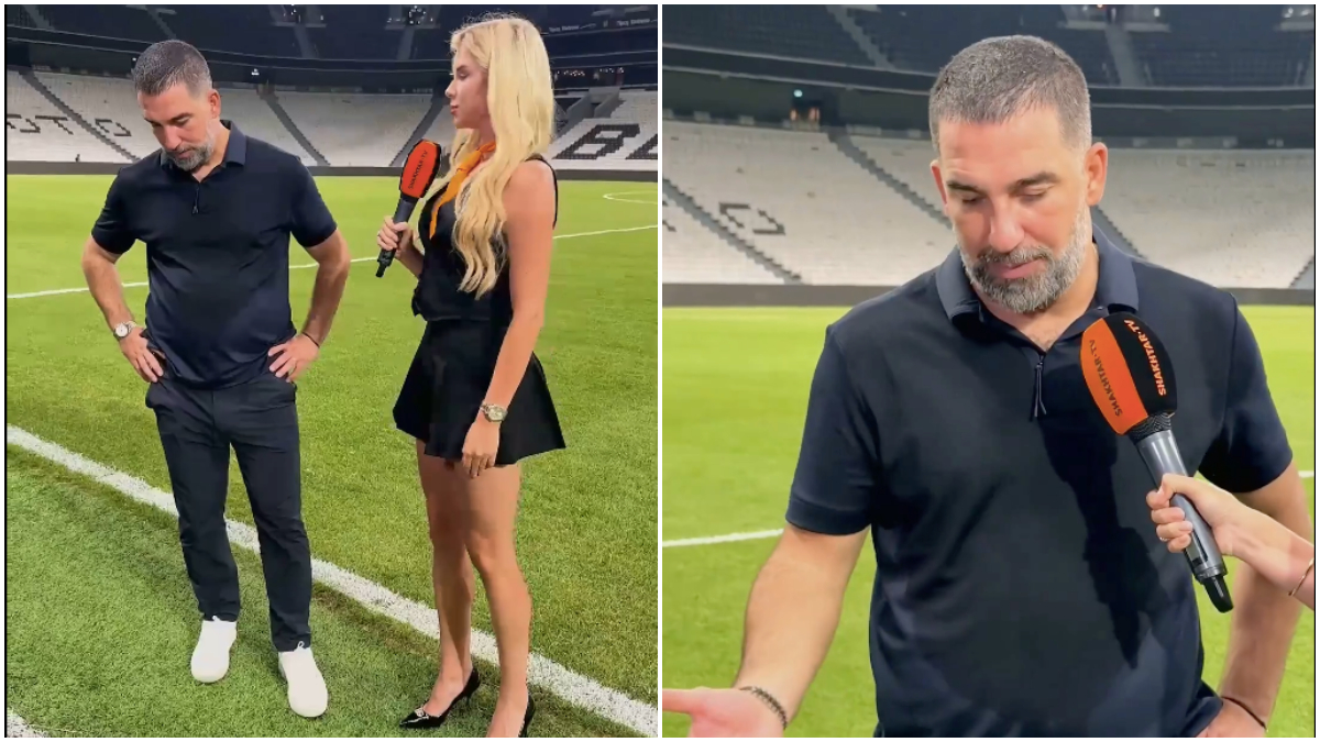 Shakhtar Donetsk coach Arda Turan did his best to keep his gaze away from interviewer Daria Bondar Savina during a post-match interview. Image credit: Screengrab of video posted by Shakhtar Donetsk on X Shakhtar Donetsk coach Arda Turan did his best to keep his gaze away from interviewer Daria Bondar Savina during a post-match interview. Image credit: Screengrab of video posted by Shakhtar Donetsk on X