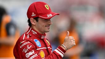Ferrari's Charles Leclerc gestures after winning pole at the Hungarian Grand Prix. AP