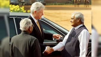 US President Bill Clinton (C) meets Indian Prime Minister Atal Bihari Vajpayee (R) upon his arrival at Rashtrapathi Bhavan in New Delhi on March 21, 2000. At the left is Indian President KR Narayanan. File Image/Reuters