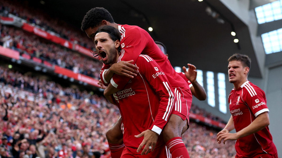 Hungarian midfielder Dominik Szoboszlai celebrates with his Liverpool teammates after scoring the only goal of their Premier League game against Arsenal at Anfield. Reuters Hungarian midfielder Dominik Szoboszlai celebrates with his Liverpool teammates after scoring the only goal of their Premier League game against Arsenal at Anfield. Reuters