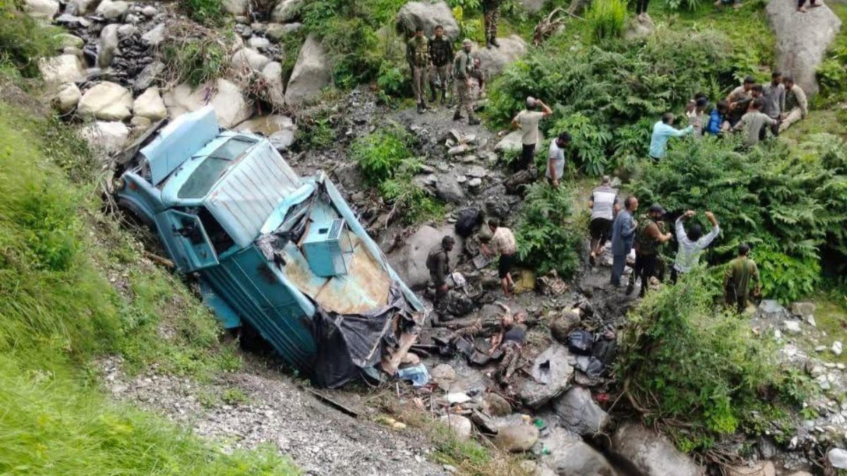 The photograph shows the vehicle carrying CRPF personnel that was involved in the road accident in the Kadva Basantgarh area of Jammu and Kashmir's Udhampur. The photograph shows the vehicle carrying CRPF personnel that was involved in the road accident in the Kadva Basantgarh area of Jammu and Kashmir's Udhampur.