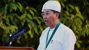 Myanmar then-Vice President Myint Swe (later acting president) speaks during a ceremony to mark Myanmar's 73rd anniversary of Union Day in Naypyitaw, Myanmar, Feb. 12, 2020. (Photo: Aung Shine Oo/AP)