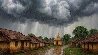 An AI-generated image of a rainfall in an Indian village.