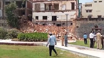 The photograph shows a building that collapsed near Sadbhavna Park in central Delhi’s Daryaganj on Wednesday, August 20, 2025. (Photo: PTI screengrab)