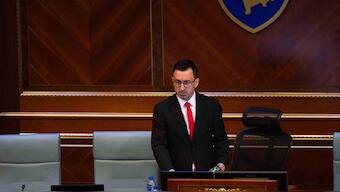 The new speaker of Kosovo's parliament, Dimal Basha, addresses the parliament after being elected during a session in Pristina on August 26, 2025. (Photo: Armend Nimani/AFP)