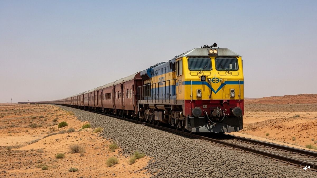 An AI-generated image of a goods train travelling through a deserted terrain. An AI-generated image of a goods train travelling through a deserted terrain.