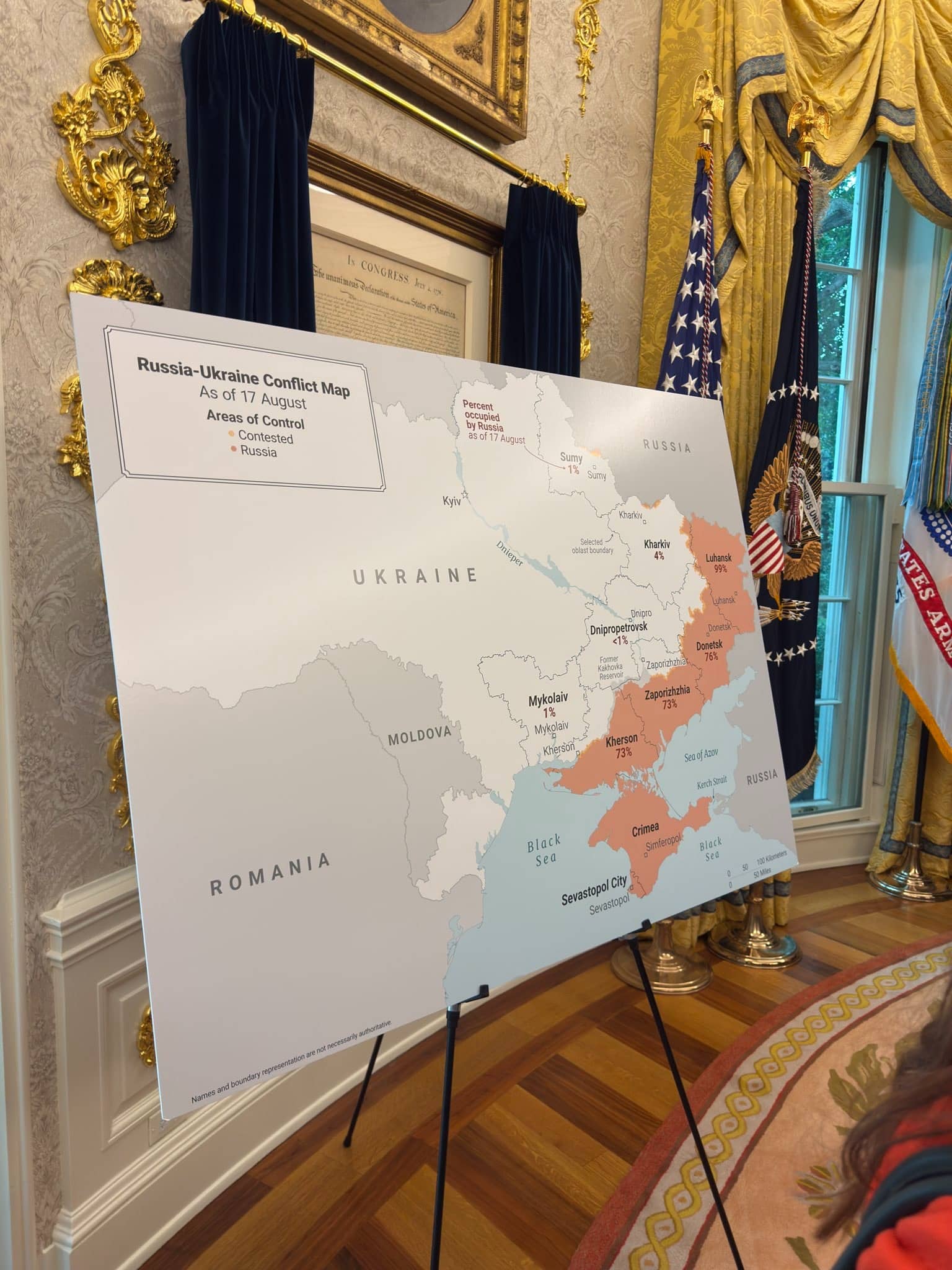 Map of Russian-occupied Ukrainian territories displayed in the Oval Office. Image: X/komadovsky