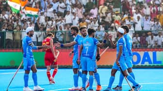 The Indian players celebrate after scoring against China in their opening game of the Men's Asia Cup in Rajgir on Friday. Image credit: BCCI