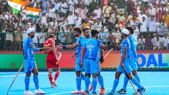 The Indian players celebrate after scoring against China in their opening game of the Men's Asia Cup in Rajgir on Friday. Image credit: BCCI
