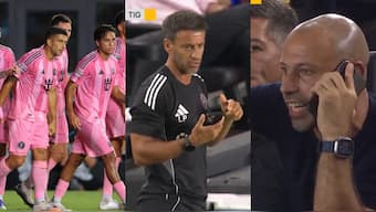 Inter Miami's Javier Mascherano coached his team through a phone call to his assistant after being red carded. Images: Reuters/@tombogert on X