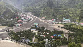 Damage reported in Dharali market area due to flash floods triggered by a cloudburst at Kheer Gad area of Uttarkashi district, Uttarakhand on August 5, 2025. Image courtesy @UttarkashiPol on X