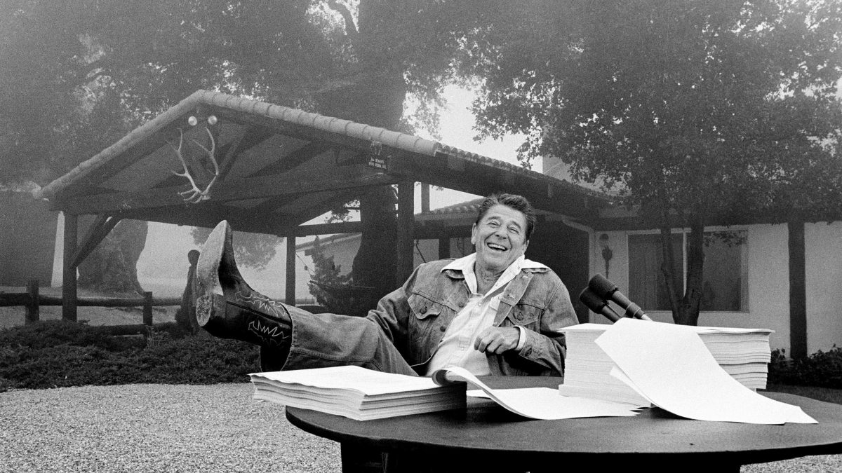(File) President Ronald Reagan shows his boot following the signing of his tax bill at his California vacation home, Rancho del Cielo, near Santa Barbara, Ca., Aug. 13, 1981. AP (File) President Ronald Reagan shows his boot following the signing of his tax bill at his California vacation home, Rancho del Cielo, near Santa Barbara, Ca., Aug. 13, 1981. AP