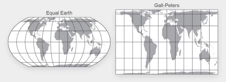 The Equal Earth and Gall-Peters projections compared. Continent shapes are more recognizable on the Equal Earth projection. Equal-Earth.com