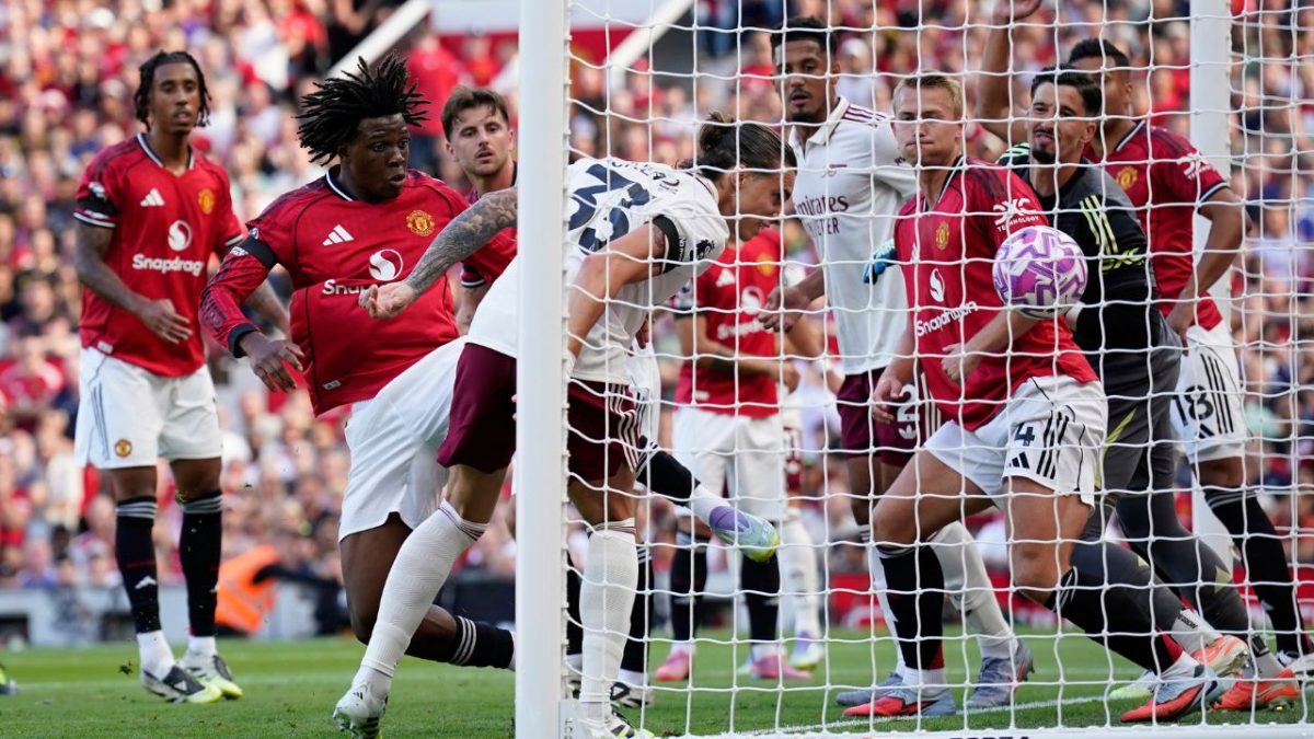Arsenal's Riccardo Calafiori scores his sides first goal during the English Premier League soccer match between Manchester United and Arsenal at Old Trafford stadium in Manchester. Image: AP Arsenal's Riccardo Calafiori scores his sides first goal during the English Premier League soccer match between Manchester United and Arsenal at Old Trafford stadium in Manchester. Image: AP