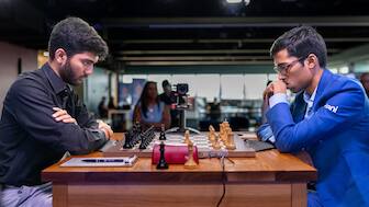 R Praggnanandhaa shakes D Gukesh's hand after defeating the Classical world champion in Round 1 of the 2025 Sinquefield Cup in St Louis, USA. Image credit: Grand Chess Tour