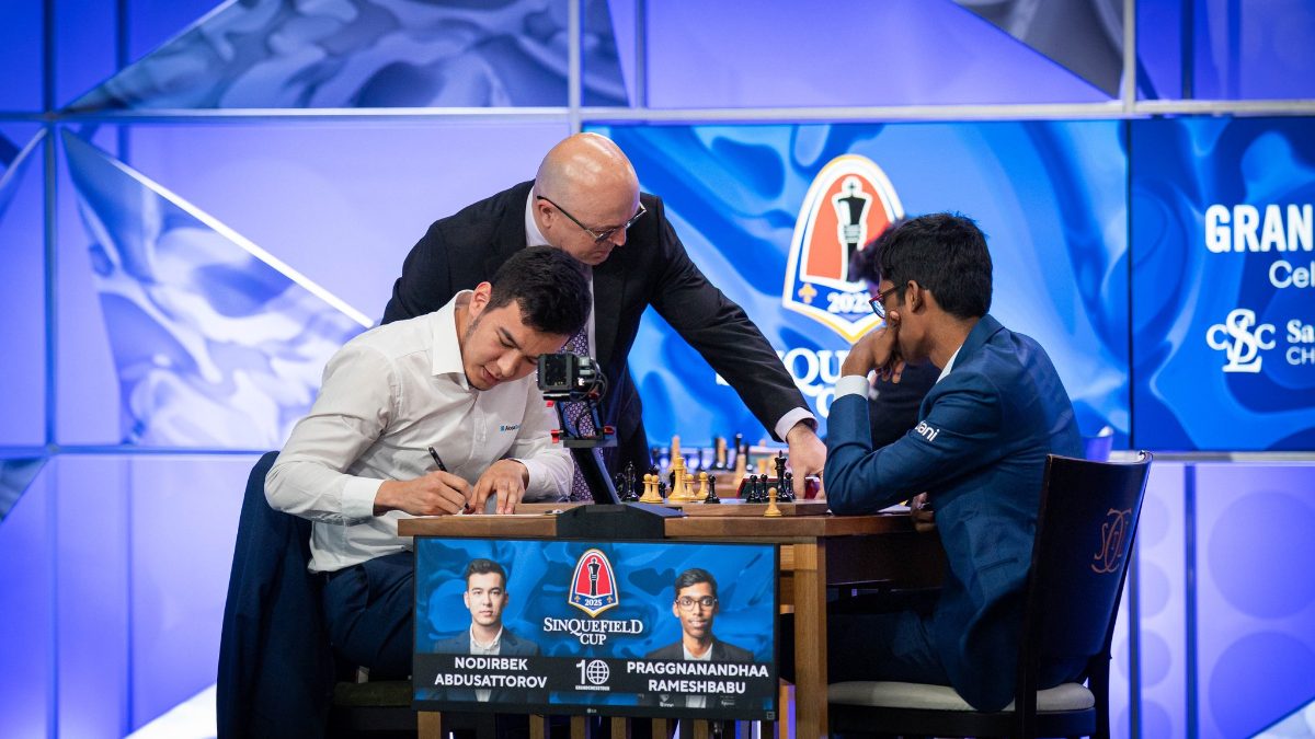 Nodirbek Abdusattorov committed a funny mishap against R Praggnanandhaa. Image: Grand Chess Tour
Nodirbek Abdusattorov committed a funny mishap against R Praggnanandhaa. Image: Grand Chess Tour