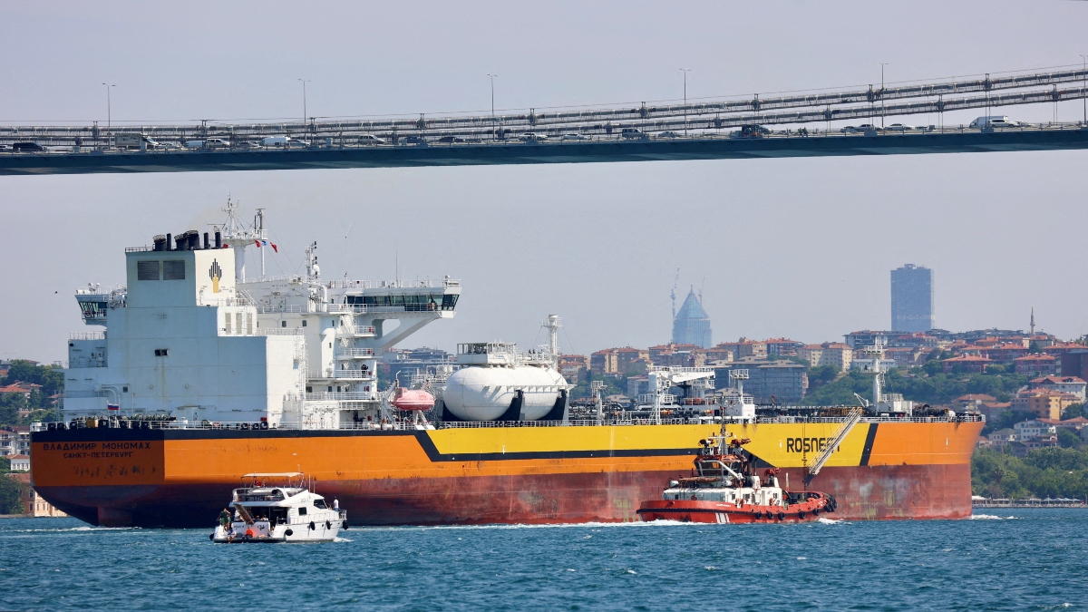 Rosneft's Russian-flagged crude oil tanker Vladimir Monomakh transits the Bosphorus in Istanbul, Turkey, on July 6, 2023. Reuters File Rosneft's Russian-flagged crude oil tanker Vladimir Monomakh transits the Bosphorus in Istanbul, Turkey, on July 6, 2023. Reuters File