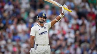 Akash Deep lifts his bat after scoring a fifty on Day 3 at The Oval against England. AP