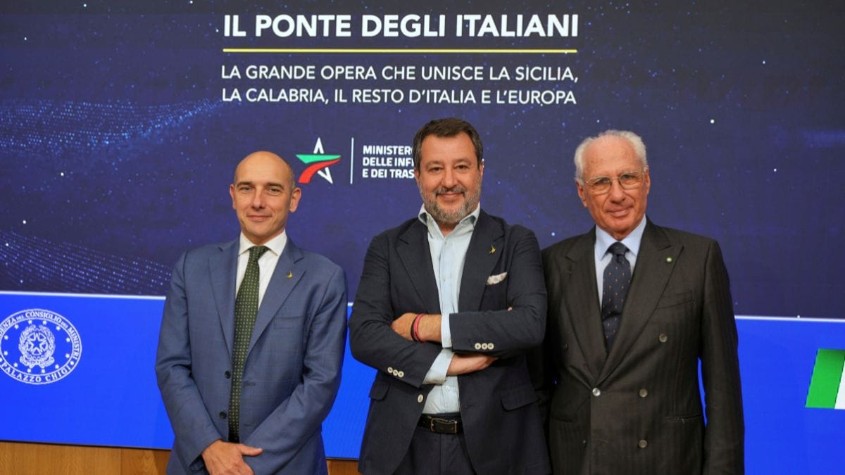 From left: Italian undersecretary Alessandro Morelli, Italian Vice Premier and Minister of Transport Matteo Salvini and businessman Pietro Ciucci pose for photographers at the end of a press conference in Rome, August 6, 2025. AP