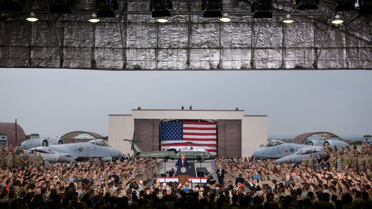 US President Donald Trump speaks to US troops based in Osan Air Base, South Korea, June 30, 2019. File Image/Pool via Reuters