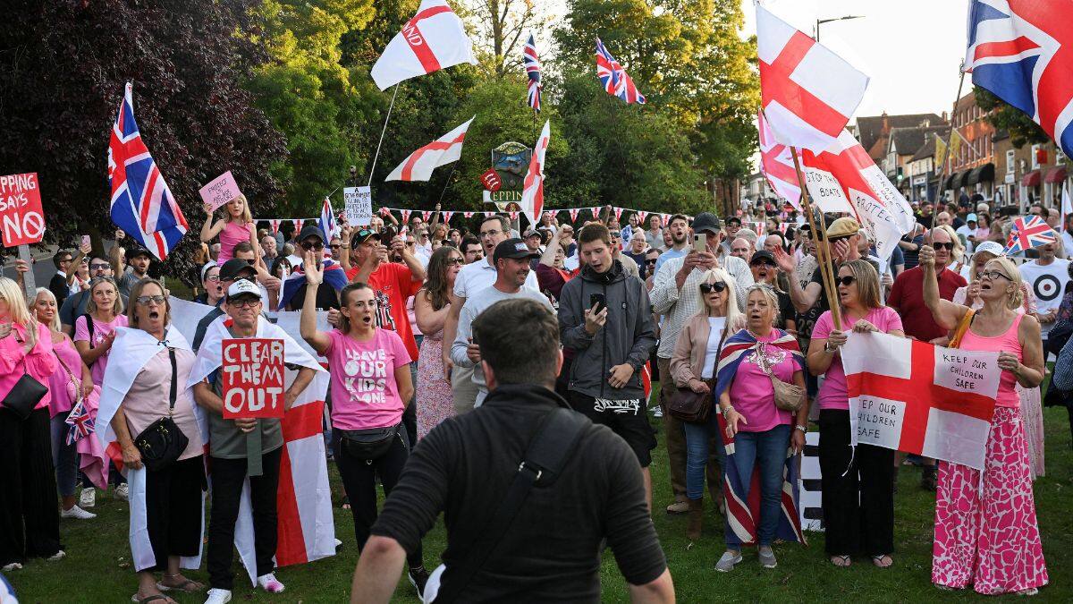 Protesters attend an anti-immigration demonstration, in Epping, UK, August 8, 2025. File Image/Reuters